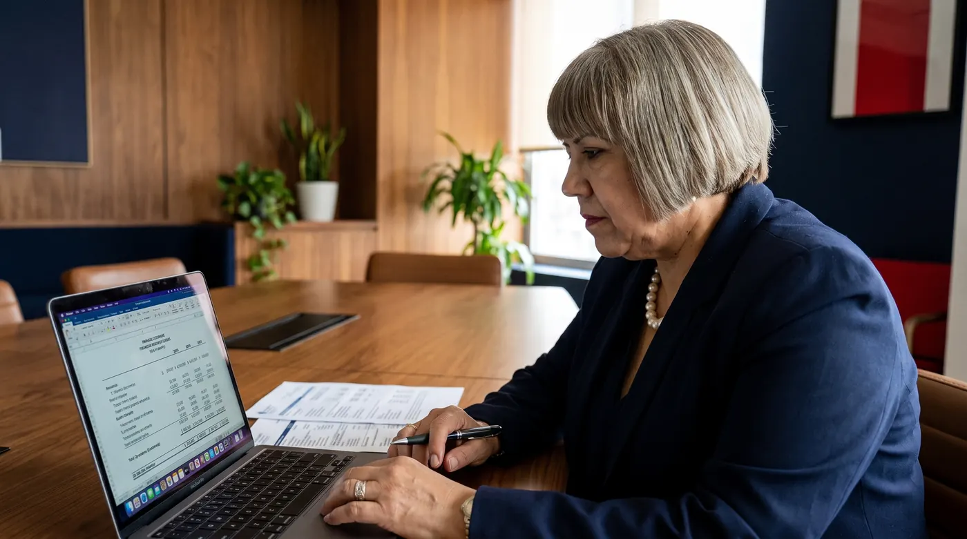 Kelly reviewing financial statements at Core Finance Group's Houston office